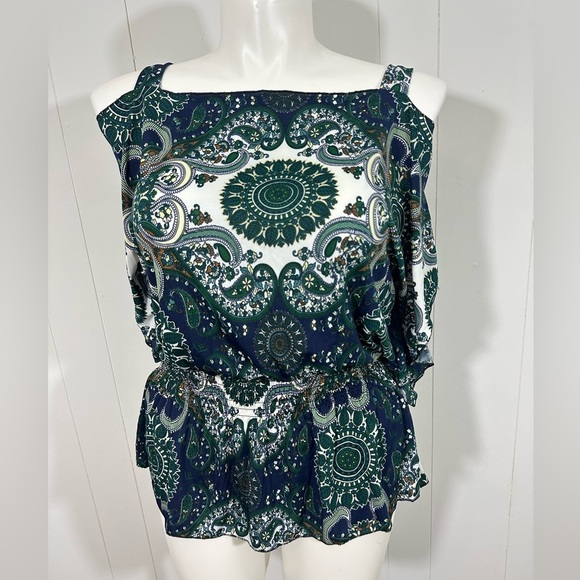 NEW Jon & Anna Top Sz L Blue Cold Shoulder Short Sleeve Casual Elastic Waist - Picture 1 of 10